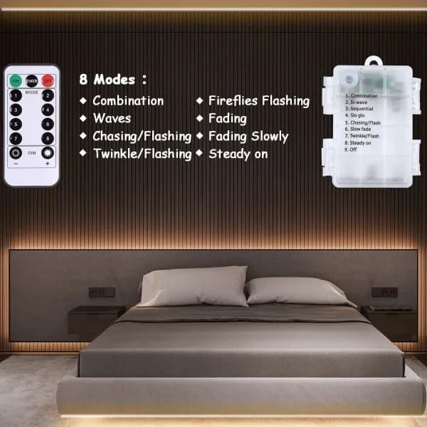 【PP】3m Battery Powered LED Strip Lights with Remote, 90 LEDs, Waterproof, 8 Modes, Dimmable, Timer, Self-Adhesive, Cuttable (Warm White)