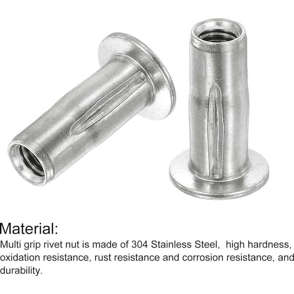 Multi-Grip M8 blindnaglemuttere, 6 stk. forhåndsformede gjengede innsatsmuttere med flatt hode i 304 rustfritt stål Plusmuttere for industriell konstruksjon