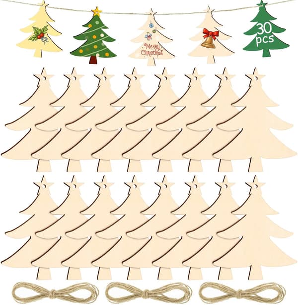 30 st julgransprydnader i trä, DIY-träprydnader med snöre f