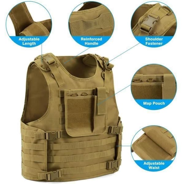 Military Tactical Vest - LBQ36 - Khaki - Adjustable Size - For Airsoft, CS Games, Cosplay