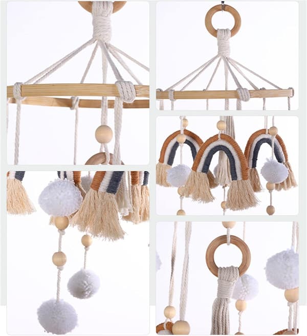 Rainbow Cot Bell Wind Chime Mobile Baby with Pom Pom Kids Hanging Cot Mobile Wind Chime