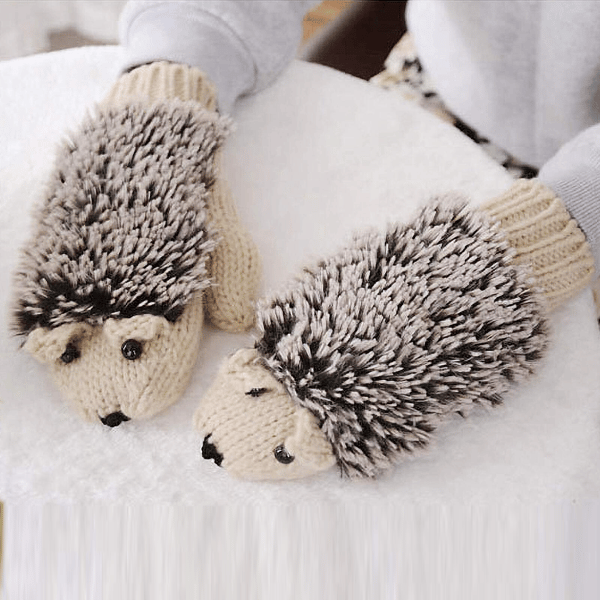 Kvinnor Män Tecknad Igelkott Stickade Vantar, Dubbla Lager Tjocka Varma Vinterhandskar, Söta Djurformade Stickade Vantar för Kallt Väder Beige