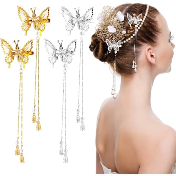 4 kpl (kulta + hopea) Perhoshiusklipsit, Seos Glitter B