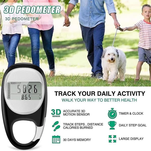 Bærbar 3D Skritteller med Klips, Elektronisk Pedometer Kompatibel med Ulike Merker[JUN]