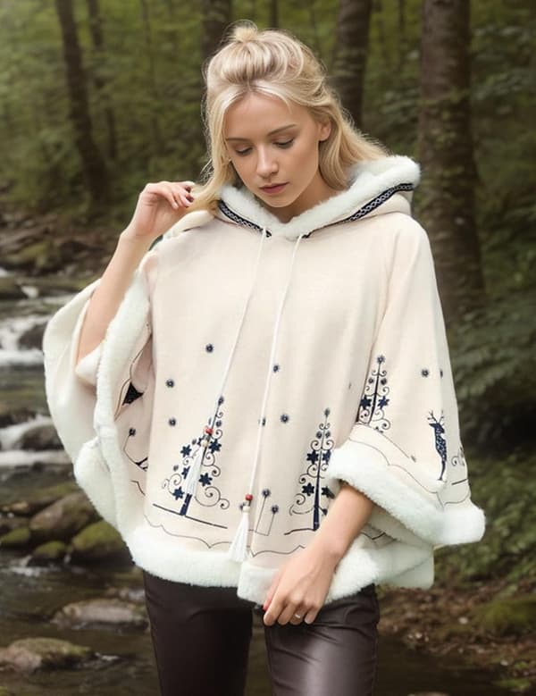Sød fleeceforet hætte poncho kappe til kvinder og piger med dyreprint beige one size Beige One Size