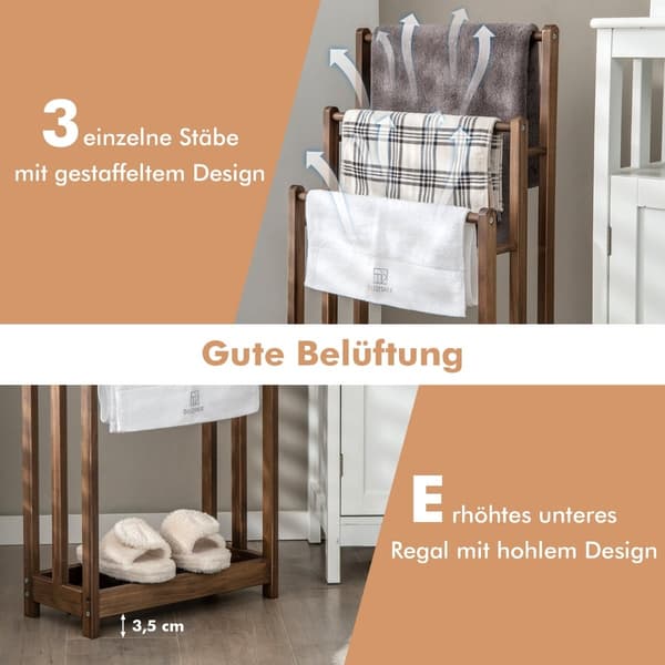 Fristående håndkleholder i tre, 3 etasjer med hylle, brun