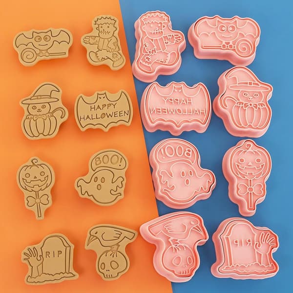 Halloween Cookie Cutter Set of 8, 3D Ghost Embossed Plastic Stamps, Pumpkin Cake Decorating Tools (Style D)