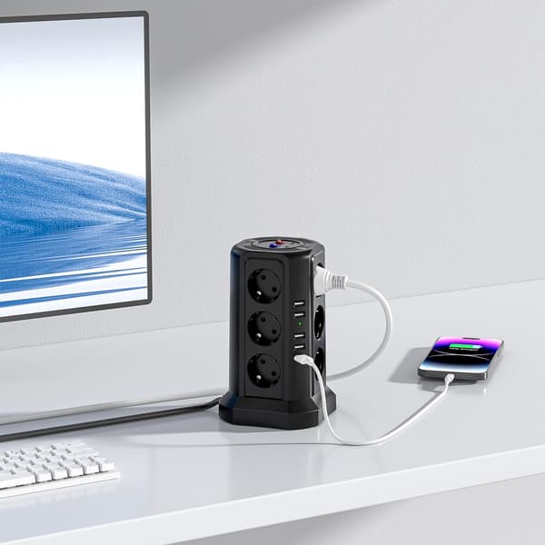 Power strip with switch, power strip tower with 12 outlets and 4 USB (2 USB-A & 2 USB-C), 1.5 m cable for home and office - white
