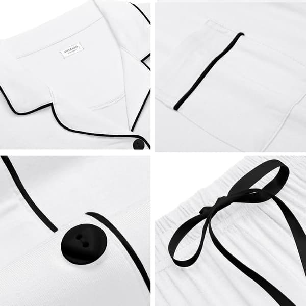 Pyjamasset för dam, kortärmade sovkläder, knäppt nattlinne med ficka, vit, M M White