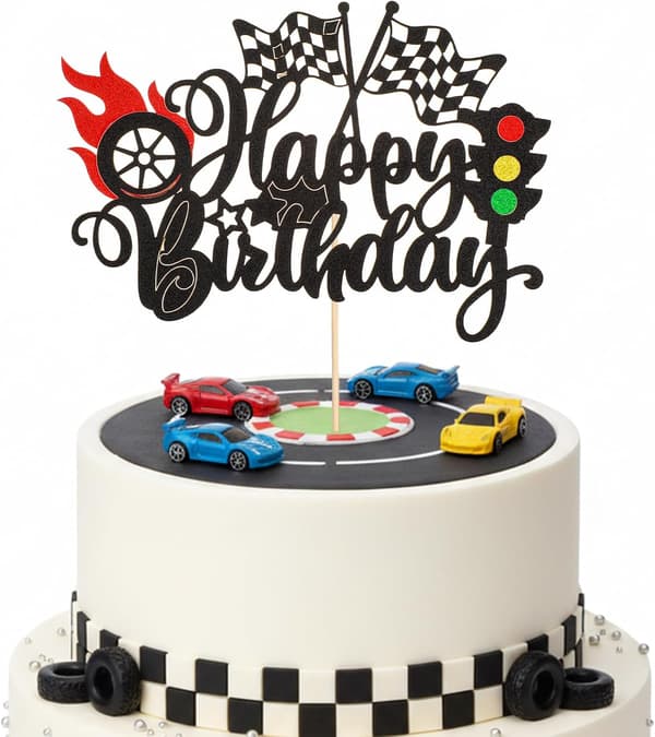 1 stk racerbil gratulerer med dagen kake topper, toppers