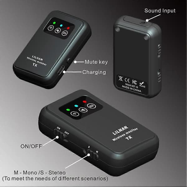 2.4G trådløst in-ear monitorsystem, stereo/mono-sender og mottaker for scene og studio