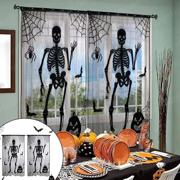 Halloween-gardiner, 2 stk. skelet-edderkoppespindsgardin dør P