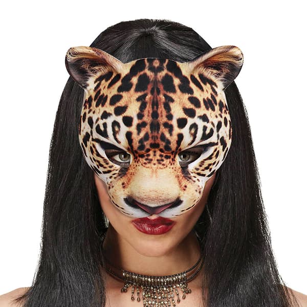 Leopard halvmaske, ca. 17 x 19 cm, realistisk print, elastikbånd