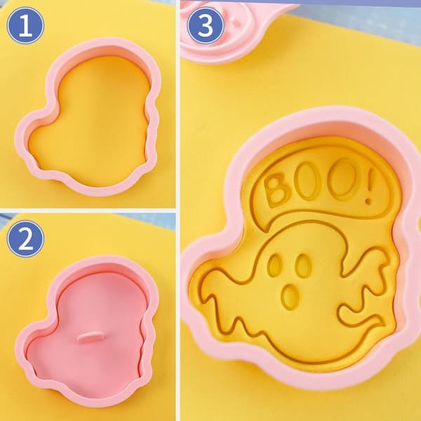 Halloween Cookie Cutter Set of 8, 3D Ghost Embossed Plastic Stamps, Pumpkin Cake Decorating Tools (Style D)
