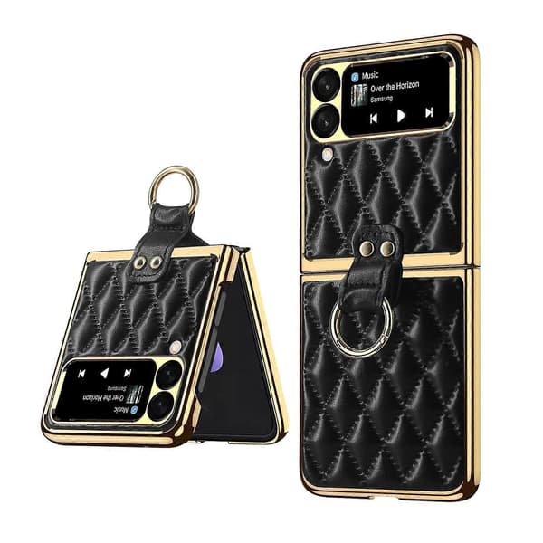 For Samsung Galaxy Z Flip4 Diamond Grid Simple Leather Ring Phone Case