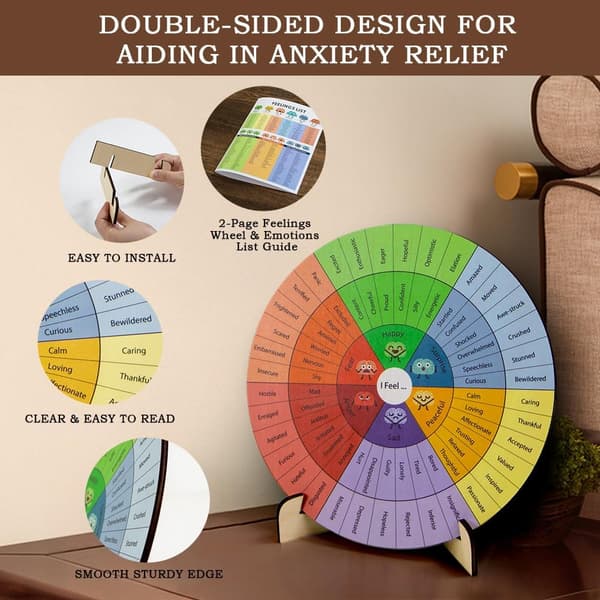 Emotion Wheel Therapy Office Desk Decor 6 Inch Double-Sided Emotion Chart Feeling List Guide