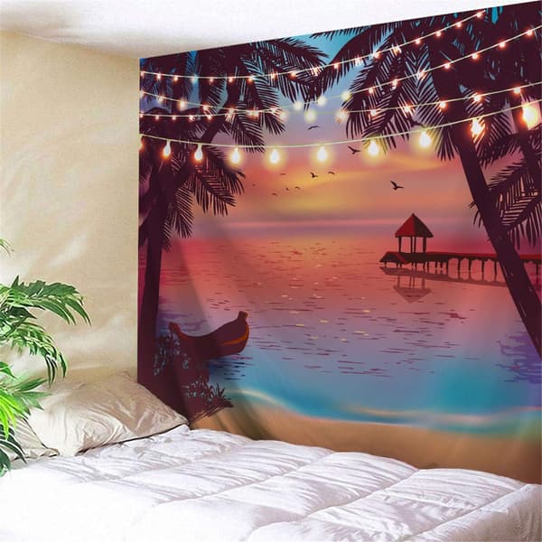 80 tommer x 60 tommer, tropisk strandteppe, havskyst ved solnedgang