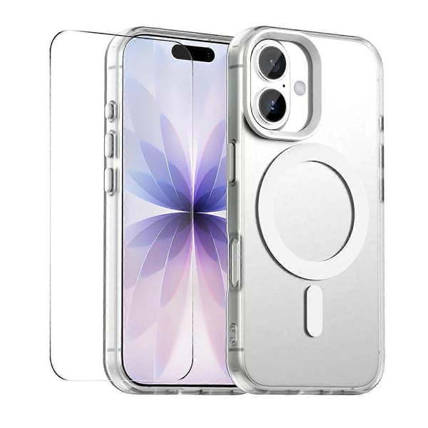 For iPhone 16 Plus Case with 9H Tempered Glass PC TPU Phone Case Compatible with MagSafe White White