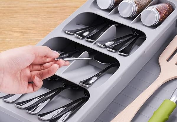 Adjustable Cutlery Drawer Organizer, Food-Grade PP, 4 Compartments, Removable Dividers, for Kitchen Drawers, Grey, 16.2-29.5 cm