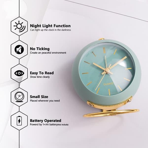 Battery Operated Desk Alarm Clock with Light, Retro Silent Analog Small Clock, Loud Table Clock, Green