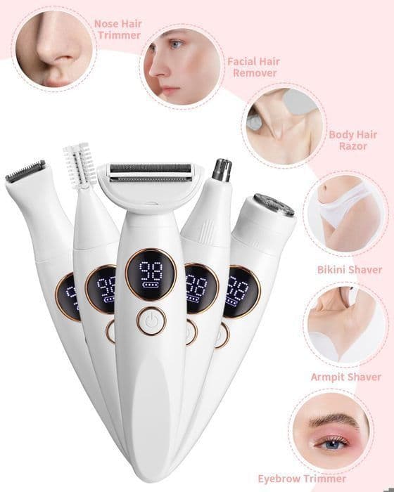 Elektrisk Epilator - Dame - 5 i 1 - Oppladbar - Bærbar - Utskiftbare Hoder