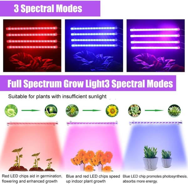 Plantelys LED-stripe 430 nm og 660 nm Rødt Blått Lys 3 9 12 Timer Timer 4 Moduser Sukkulent Plantelys 4 Rør
