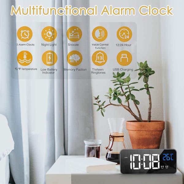 Digital vekkerklokke med LED-display, USB-ladeport, lydkontroll, alarmlyder, justerbart volum og lysstyrke, 12/24 timer, slumrefunksjon, B