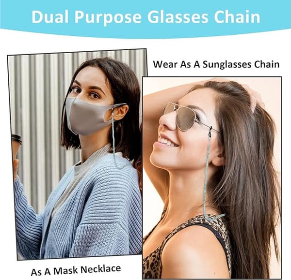 Beaded Glasses Chain Set, 2-Pack, Adjustable Non-Slip ABS Straps for Eyeglasses, Sunglasses, and Face Masks, Blue, 70 cm