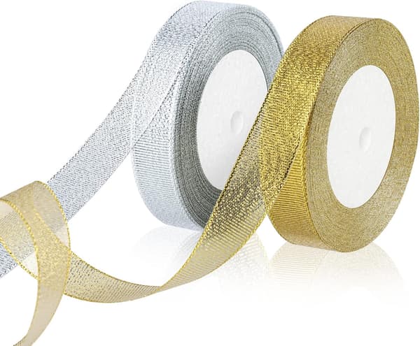 2 ruller av (20mm x 25m) julebånd, gull og sølv organza