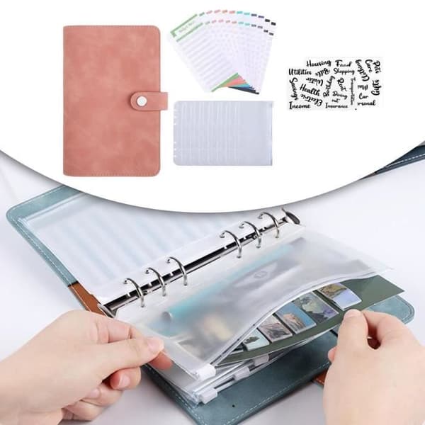 Loose-leaf binder with 8 zipper pockets, budget planner for money saving, pink