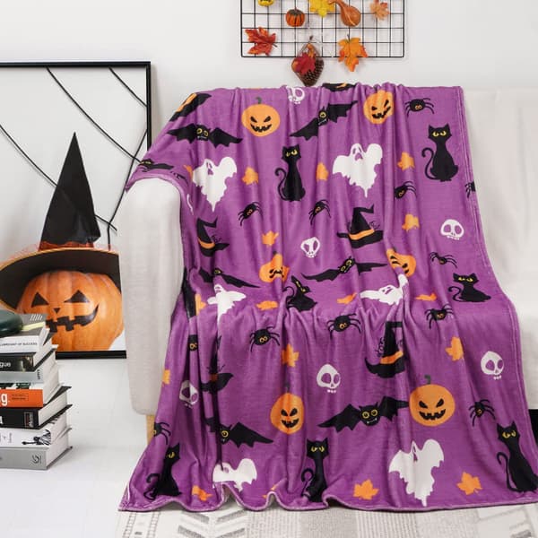 Flonelstæppe Halloween Græskar Lilla Spøgelse Flagermus Spøgelse Hyggelig Blød Plys til Seng Sofa Stue Stol (150 x 125 cm)
