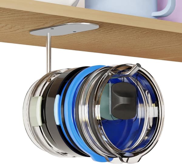 Mug Lid Organizer (16.4 x 4.4 x 5.9 cm), Space-Saving Mug Lid Organizer Under Cabinet, Multifunctional Adhesive Storage Hook