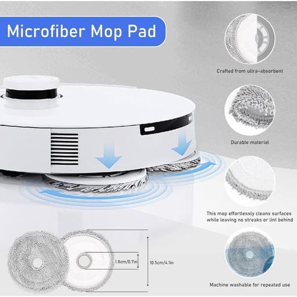Tilbehør til Ecovacs Deebot Mini støvsuger: reservedeler. 1 hovedbørste. 4 moppeputer. 2 erstatningsfiltre. 4 støvposer. 4 sidebørster.