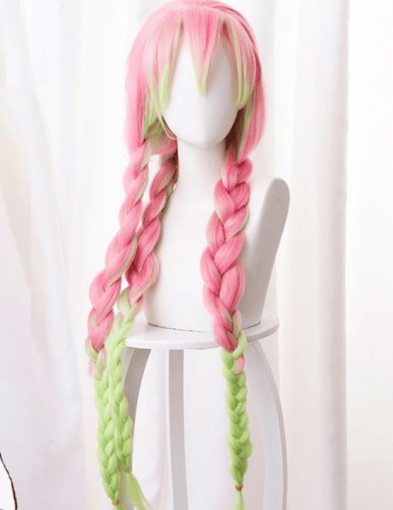 Paryk til Kanroji Mitsuri Cosplay til Demon Slayer Grøn og Pink L