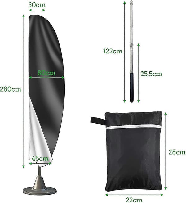 Aurinkovarjon suojus 3m 4m vetoketjulla 1.4m pitkä teleskooppitangolla, 280x30/80/45cm.