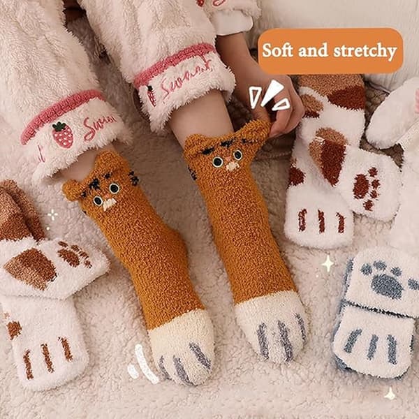 Dame plysstrømper, bløde, varme, fluffy, søde dyr, sove varmt, julegave, 5 par