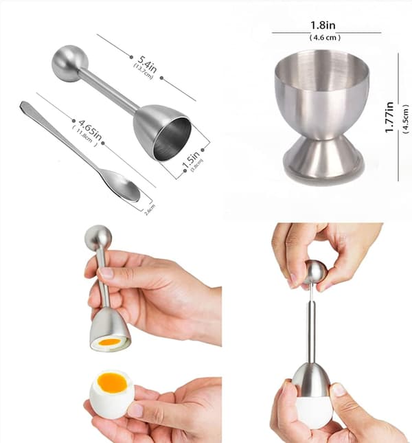 Eggkoppsett - Inneholder 2 eggkopper, 2 skjeer og 1 eggkutter - Enkel eggkutter i rustfritt stål