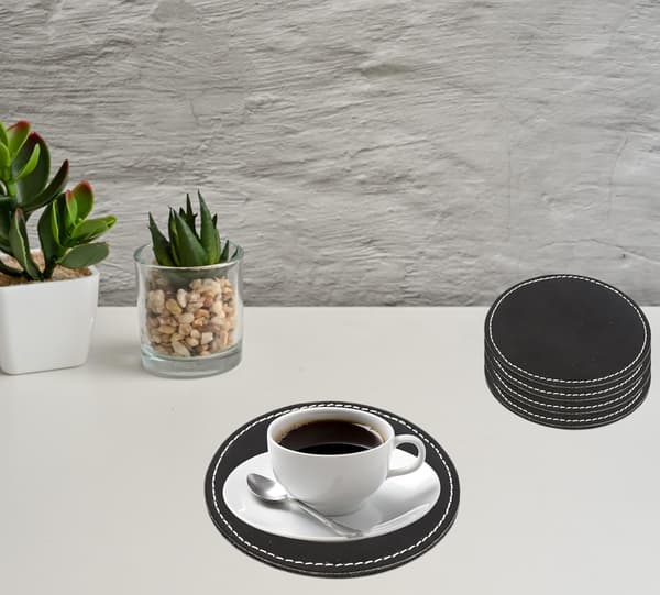 Læderunderlag til Glas med Holder – Designunderlag med Holder, Sæt med 5, Sort, Underlag
