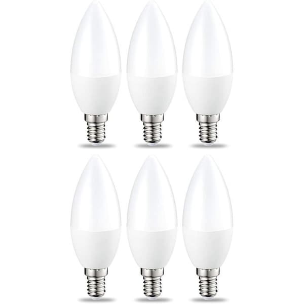 Set med 6 små flammformade LED-lampor, E14 skruvfot, 4,9W (motsvarande 40W), varmvit, ej dimbar