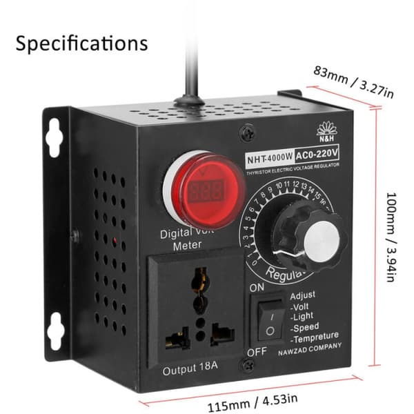 SCR trinnløs spenningsregulator med indikatorlampe, dimming, spe