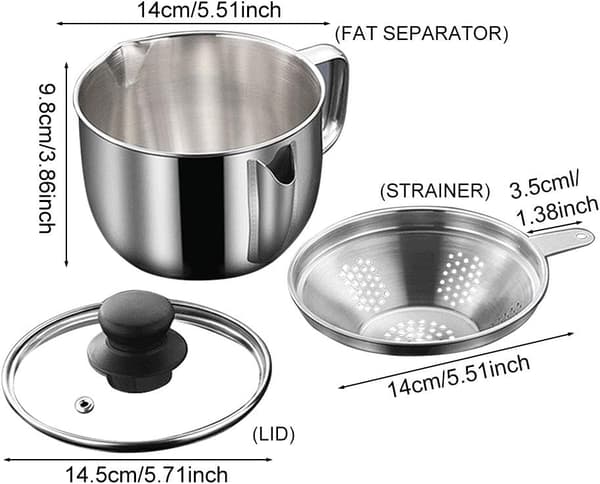 Fettutskiller i rustfritt stål 1L/4 kopper, sausfettutskiller med sil og glasslokk, suppeoljeutskiller
