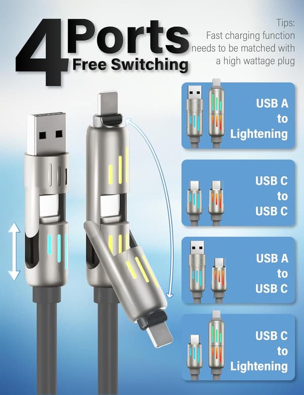240W 4-in-1 USB-C Cable, Multi-Charger with Breathing Light, PD 5A Fast Charging & Data Sync Silicone Compatible with iPhone Samsung Laptop Grey Grey 2m