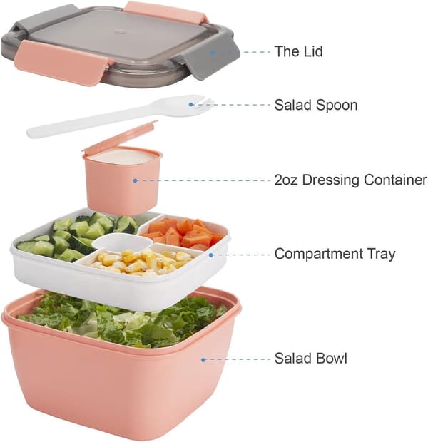 Leak-proof Salad Box, 3 Compartments With Fork And Sauce Container, BPA-free PP, For School, Work And Travel, Pink, 1500 ml