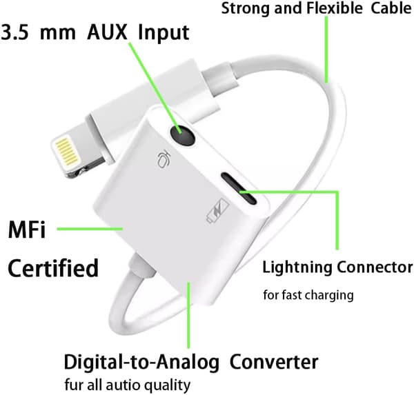 2-pak Lightning til 3,5 mm hovedtelefonadapter til iPhone Dongle 2-i-1 oplader og aux-lyddeler, hvid