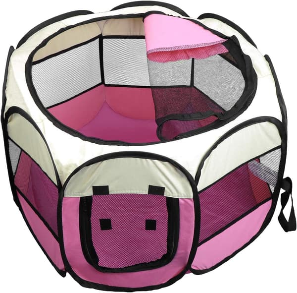 Hopfällbart husdjurstält 8 paneler nätvalphage hundkoja - L 114x114x58cm - Rosa