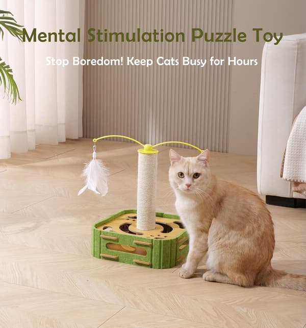 3-in-1 Interactive Cat Toy - Activity Station with Feather Track, Scratching Post & Spinning Ball for Indoor Cats & Kittens
