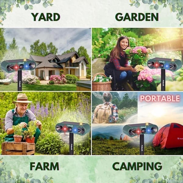 Solar Powered Outdoor Animal Repeller - Ultrasonic Motion with LED Light - Waterproof Repeller for Deer, Cat, Rodents