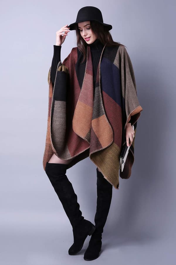 Filt sjal wrap for kvinner, vinter åpen cape kappe oversized cardigan genser