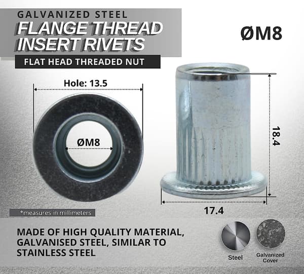 Industrial, M8 Steel Blind Rivet Nut, PACK 50, Slotted Flat Head Threaded Nut, Rivet Nuts Ideal for Carpentry, Construction, Plumbing