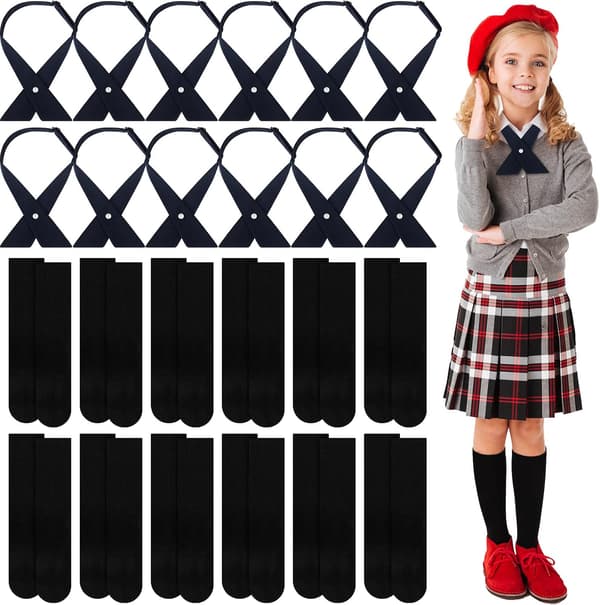 24 st franska flickors skoluniformsslips och klänningsstrumpor set i bulk | Justerbar marinblå